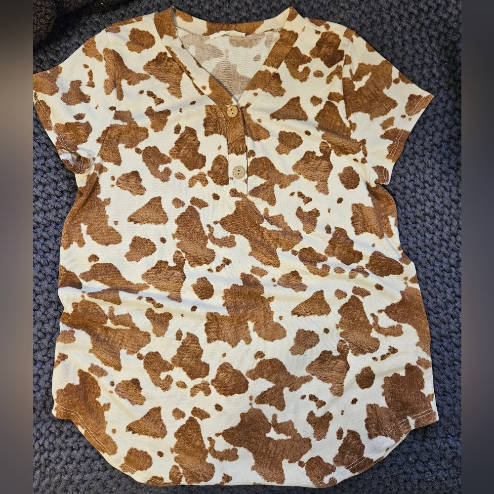 Brown and White Cow Print Button Top